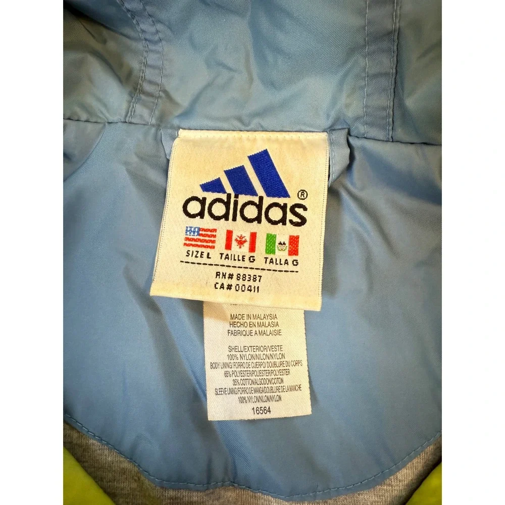 Vintage Adidas Windbreaker Lime Green Blue Hooded Jacket Mens XL